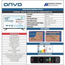 Onvo OV43F250 43" 109 Ekran Uydu Alıcılı Full HD Android Smart LED TV (Çerçevesiz)