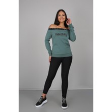 Banada Moda Şerit Detaylı Baskılı Kayık Yaka Sweatshirt