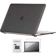 Codegen Apple 13" Macbook Air A1932 A2179 A2337 Siyah Carbon Fiber Dizayn Kılıf Koruyucu Kapak+Film
