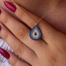Renkli Taşlı Nazar Boncuklu Damla Gümüş Kolye