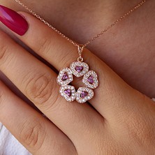 Kırmızı Beyaz Taşlı 5 Li Yıldızlı Kalp Gümüş Kolye