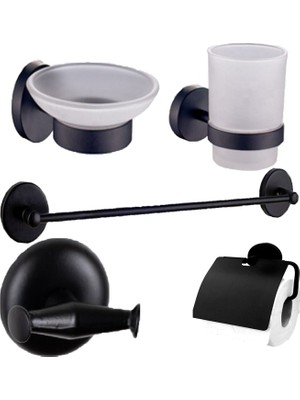 Fndhome Siyah Banyo Uzun Havluluk Sabunluk Bornoz Askılık Wc Kağıtlık Diş Fırçalık 5'li Set