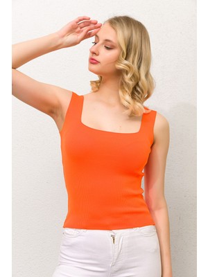Kdm Kadın Modası Kadın Oranj Kare Askılı Triko Bluz