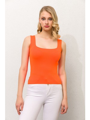 Kdm Kadın Modası Kadın Oranj Kare Askılı Triko Bluz