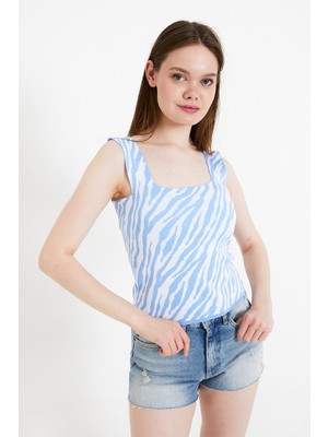 Twenty3 Kadın Jakarlı Zebra Desenli Kalın Askılı Crop Triko Atlet