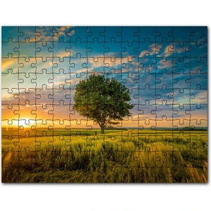 Çayırda Günbatımı Bulutlar ve Yalnız Ağaç 255 Parça Puzzle Yapboz Mdf (Ahşap)