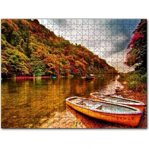 Sonbahar Renklerinde Orman ve Nehirde Kayıklar 120 Parça Puzzle Yapboz Mdf (Ahşap)
