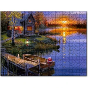 Günbatımında Göl Ağaç Ev ve Kayıklar 120 Parça Puzzle Yapboz Mdf (Ahşap)