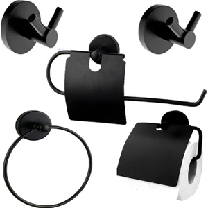 Siyah Banyo Kağıt Havluluk Yuvarlak Havluluk 2'li Bornoz Askılık Wc Kağıtlık 5'li Set