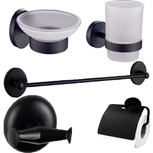 Siyah Banyo Uzun Havluluk Sabunluk Bornoz Askılık Wc Kağıtlık Diş Fırçalık 5'li Set