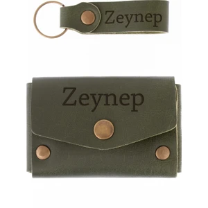 Kişiselleştirilmiş Deri Büyük Zarf Bozuk Para Cüzdanı ve Anahtarlık Set