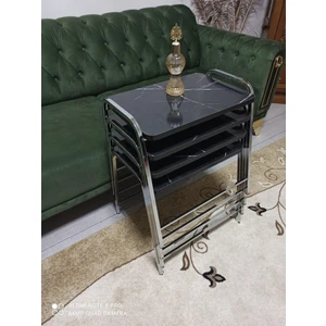 Zigon Sehpa Tepsi Zigon Model Nikelaj Kaplama Metal Ayaklı Siyah Mermer Desen