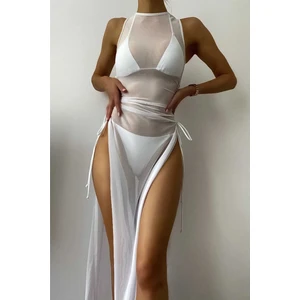 Kadın Tül Pareo Plaj Elbisesi Beyaz Renk Şık Tasarım 90% Polyester