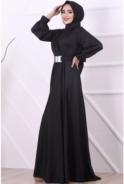 Tane Sağ Omuz Detaylı Kemerli Saten Elbise-Siyah