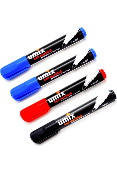Umix Koli Markörü Kalemi Kalıcı Yuvarlak Uç 3 mm 4'lü 1 Siyah 1 Kırmızı 2 Mavi