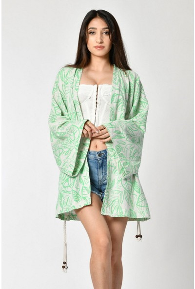 Valeur Desenli Kemer Detaylı Kimono - Yeşil Yeşil - Standart