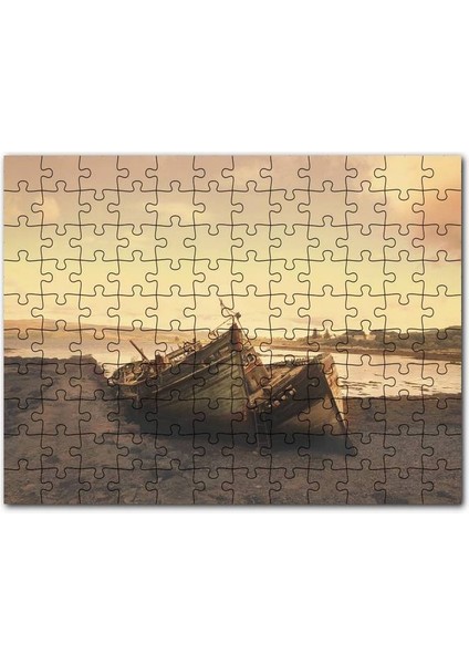 Göl Kıyısında Terkedilmiş Gemiler ve Gündoğumu 120 Parça Puzzle Yapboz Mdf (Ahşap)