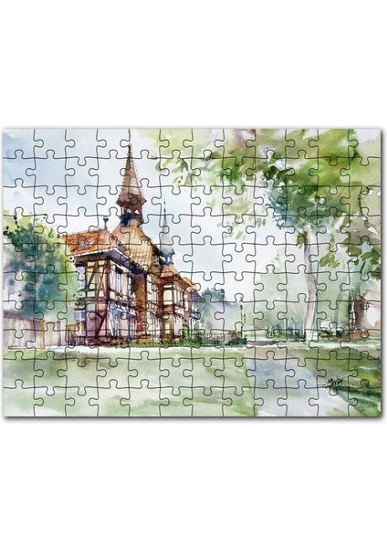 Suluboya Efekt Binalar ve Ağaçlar Çizim 500 Parça Puzzle Yapboz Mdf (Ahşap)