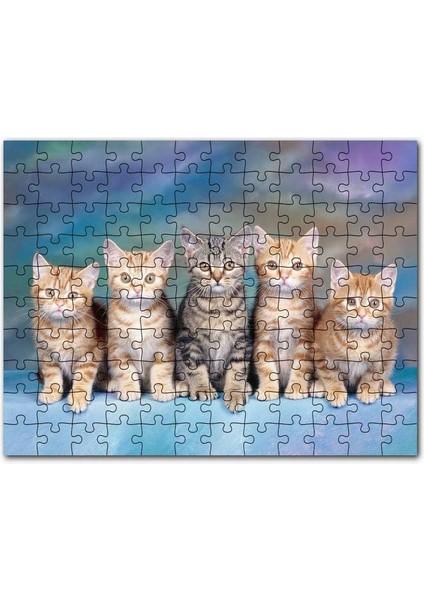 Mavi Zeminde Oturan Sarmanlar ve Tekir 120 Parça Puzzle Yapboz Mdf (Ahşap)