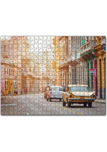 Küba'da Eski Binalar ve Klasik Arabalar 120 Parça Puzzle Yapboz Mdf (Ahşap)
