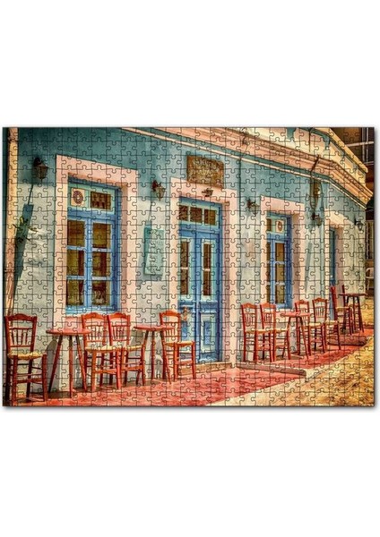 Otantik Yunan Kafeteryası ve Kırmızı Sandalyeler 120 Parça Puzzle Yapboz Mdf (Ahşap)