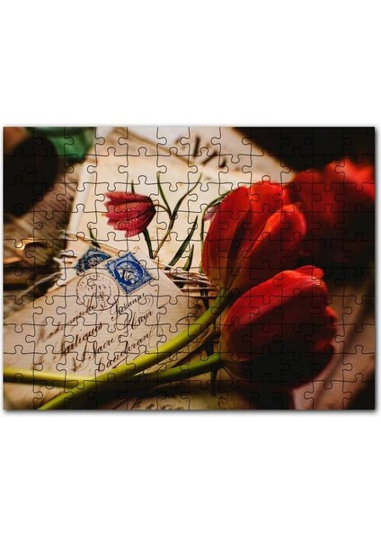 Aşk Mektupları ve Kırmızı Laleler 120 Parça Puzzle Yapboz Mdf (Ahşap)