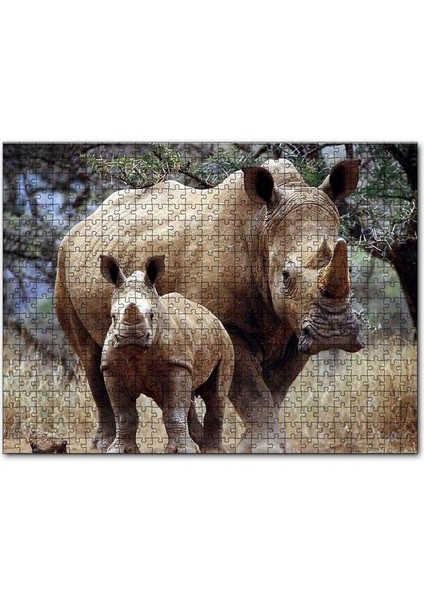Dev Anne Gergedan ve Sevimli Yavrusu 120 Parça Puzzle Yapboz Mdf (Ahşap)