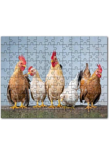 Duvarın Üstünde Kahverengi Beyaz Tavuklar 120 Parça Puzzle Yapboz Mdf (Ahşap)