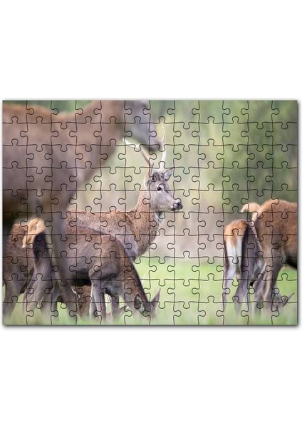 Çayırda Otlayan Ren Geyikleri 120 Parça Puzzle Yapboz Mdf (Ahşap)