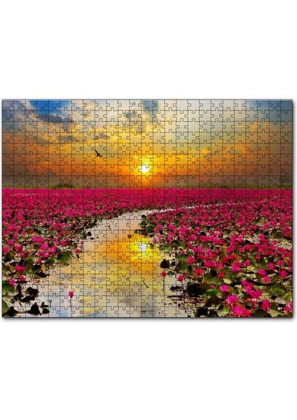 Günbatımında Gölde Pembe Çiçekler 120 Parça Puzzle Yapboz Mdf (Ahşap)