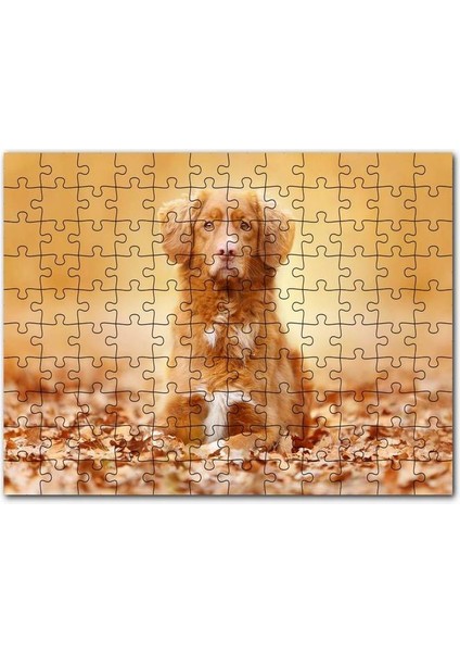 Sonbahar Yaprakları Üzerindeki Kahverengi Köpek 120 Parça Puzzle Yapboz Mdf (Ahşap)