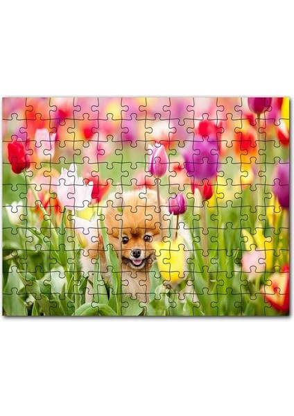 Rengarenk Laleler Arasındaki Sevimli Kahverengi Köpek 120 Parça Puzzle Yapboz Mdf (Ahşap)