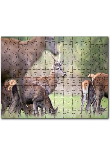 Çayırda Otlayan Ren Geyikleri 120 Parça Puzzle Yapboz Mdf (Ahşap)