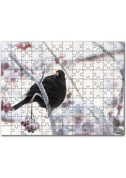 Karlı Dalların Üzerindeki Karatavuk 120 Parça Puzzle Yapboz Mdf (Ahşap)