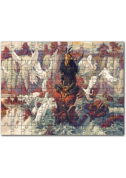 Kuş Şelale Kırmızı Kaya Boynuz Maskeli Adam Görsel 120 Parça Puzzle Yapboz Mdf (Ahşap)