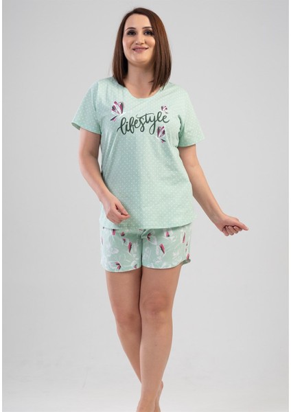 (Yeşil) Kadın Kısa Kollu Şortlu Büyük Beden Pijama Takımı 1120920438