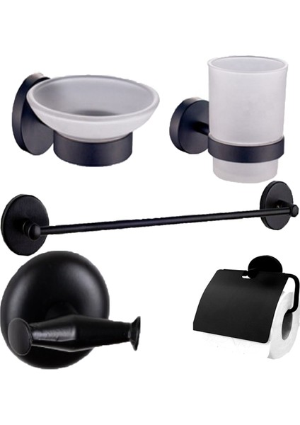 Siyah Banyo Uzun Havluluk Sabunluk Bornoz Askılık Wc Kağıtlık Diş Fırçalık 5'li Set