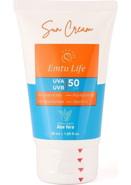 Emtu Life 50 Spf+ Güneş Kremi Tüm Cilt Tipleri Için Leke Karşıtı Aloe Vera ve Vitamin E Içerir 50ML ET-001