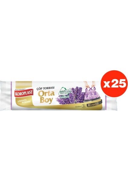 Ekstra Güçlü Lavanta Büzgülü Orta Boy 15LI Çöp Torbası x 25 Paket (55*60 cm)