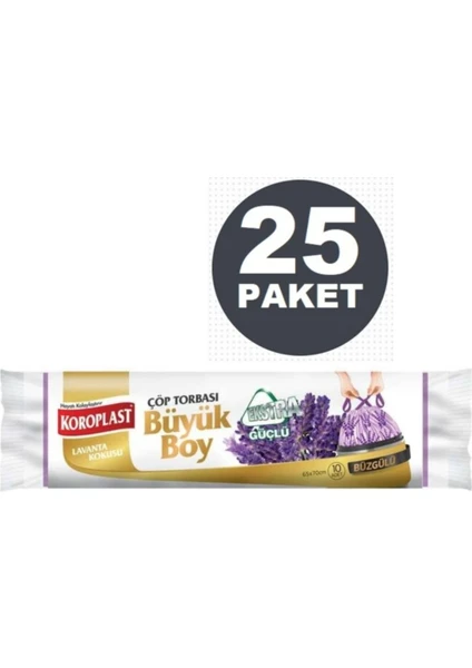 Ekstra Güçlü Lavanta Büzgülü Büyük Boy 10LU Çöp Torbası x 25 Paket (65*70  cm)