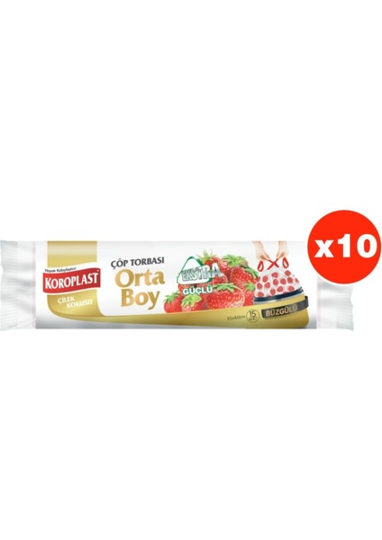 Ekstra Güçlü Çilek Büzgülü Orta Boy 15LI Çöp Torbası x 10 Paket (55*60 cm)
