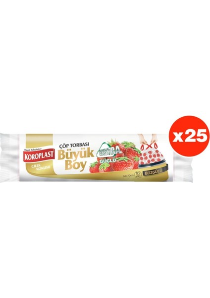 Ekstra Güçlü Çilek Büzgülü Büyük Boy 10LU Çöp Torbası x 25 Paket (65*70 cm)