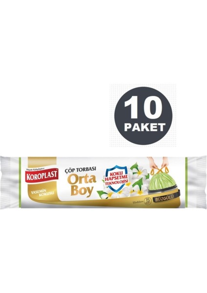 Koku Hapsetme Yasemin Büzgülü Orta Boy 15LI Çöp Torbası x 10 Paket (55*60 cm)