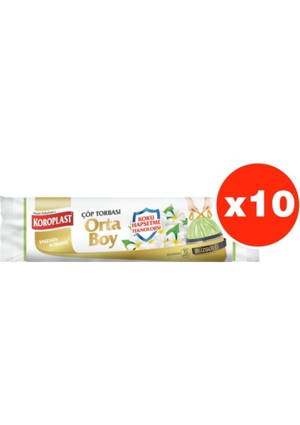 Koku Hapsetme Yasemin Büzgülü Orta Boy 15LI Çöp Torbası x 10 Paket (55*60 cm)