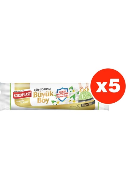 Koku Hapsetme Yasemin Büzgülü Büyük Boy 10LU Çöp Torbası x 5 Paket (65*70 cm)