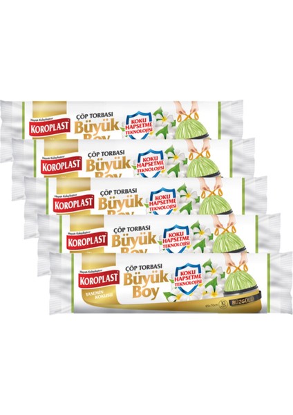 Koku Hapsetmeli Büyük Boy Yasemin Kokulu Büzgülü Çöp Torbası 10 Adet x 5 Paket