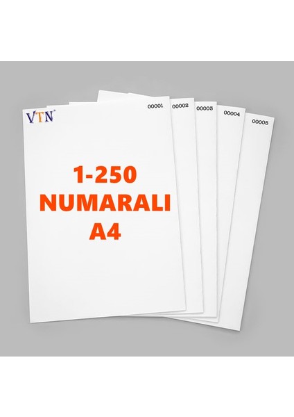 1'den 250'YE Numaralı A4 Kağıt - Copier Bond 80 gr
