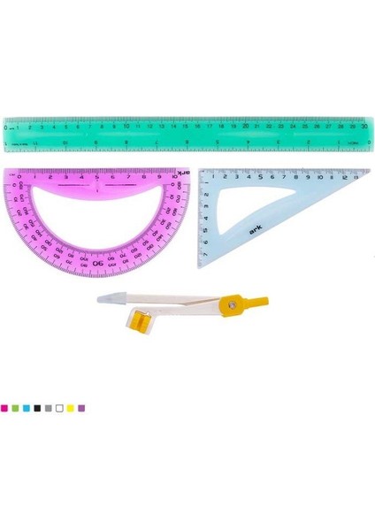 6000 Kırılmaz - Çizim Seti Şeffaf/pergelli/4 Parça/30 cm Cetvelli