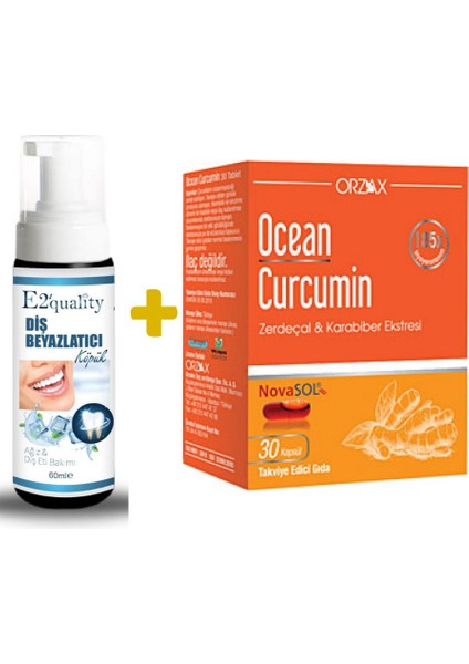 E2'Quality Diş Beyazlatıcı Köpük + Orzax Ocean Curcumin Karabiber Ekstresi Takviye Edici Gıda 30 Kapsül