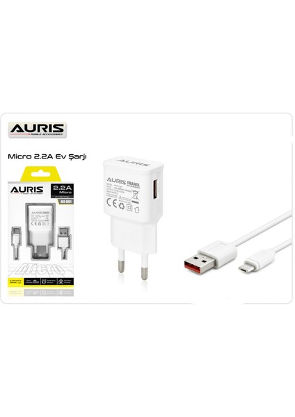 Auris 2.2A Şarj Aleti 1 Metre Micro USB Kablo ve Şarj Başlığı